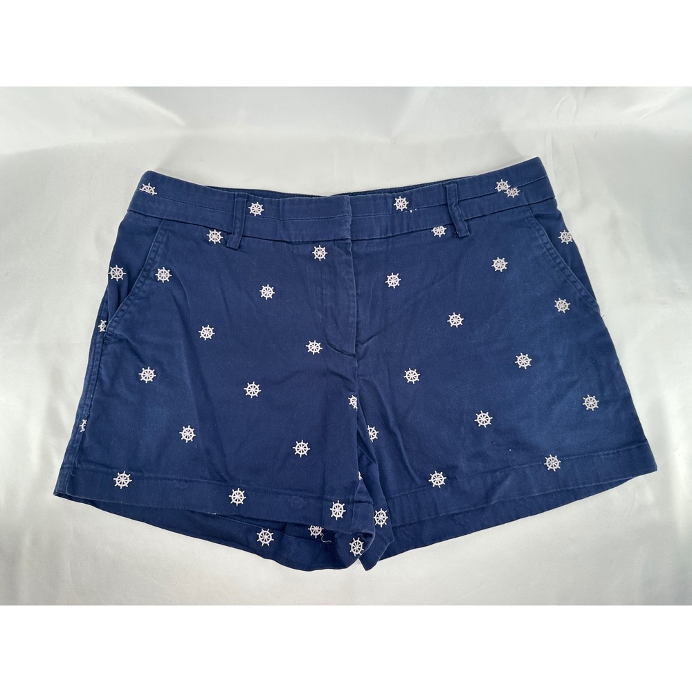 British Khaki Shorts Women 8 Navy Blue Nautical Ship Wheel Embroidered Chino Mid